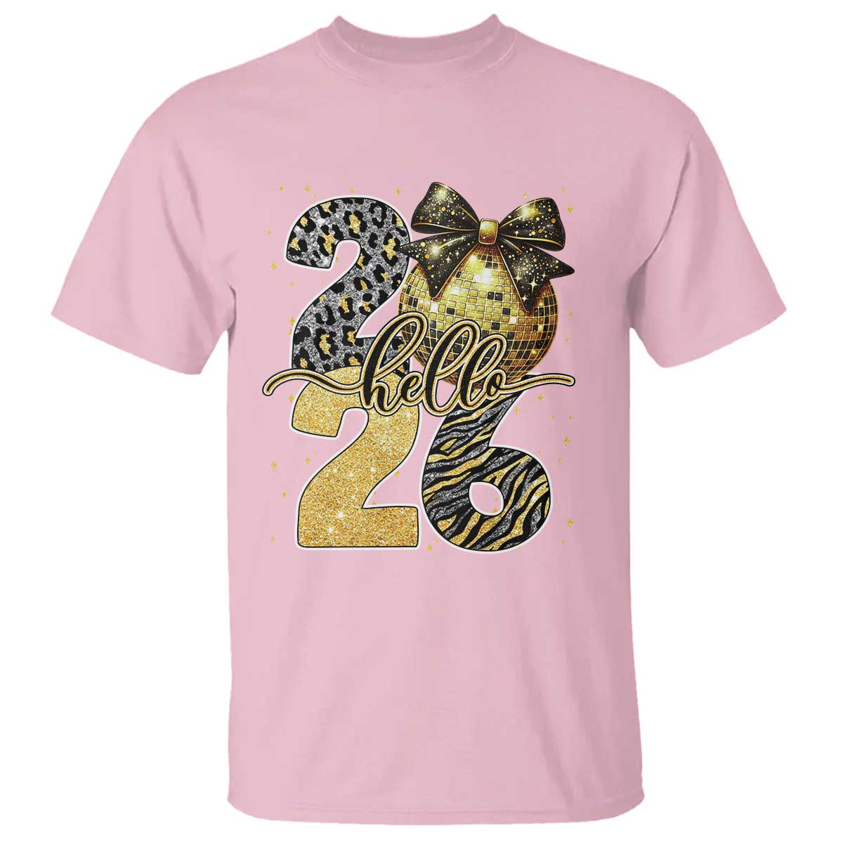 Happy New Year 2026 T Shirt Hello 2026 Disco Ball Coquette Bow Faux Glitter TS11 Light Pink Print Your Wear