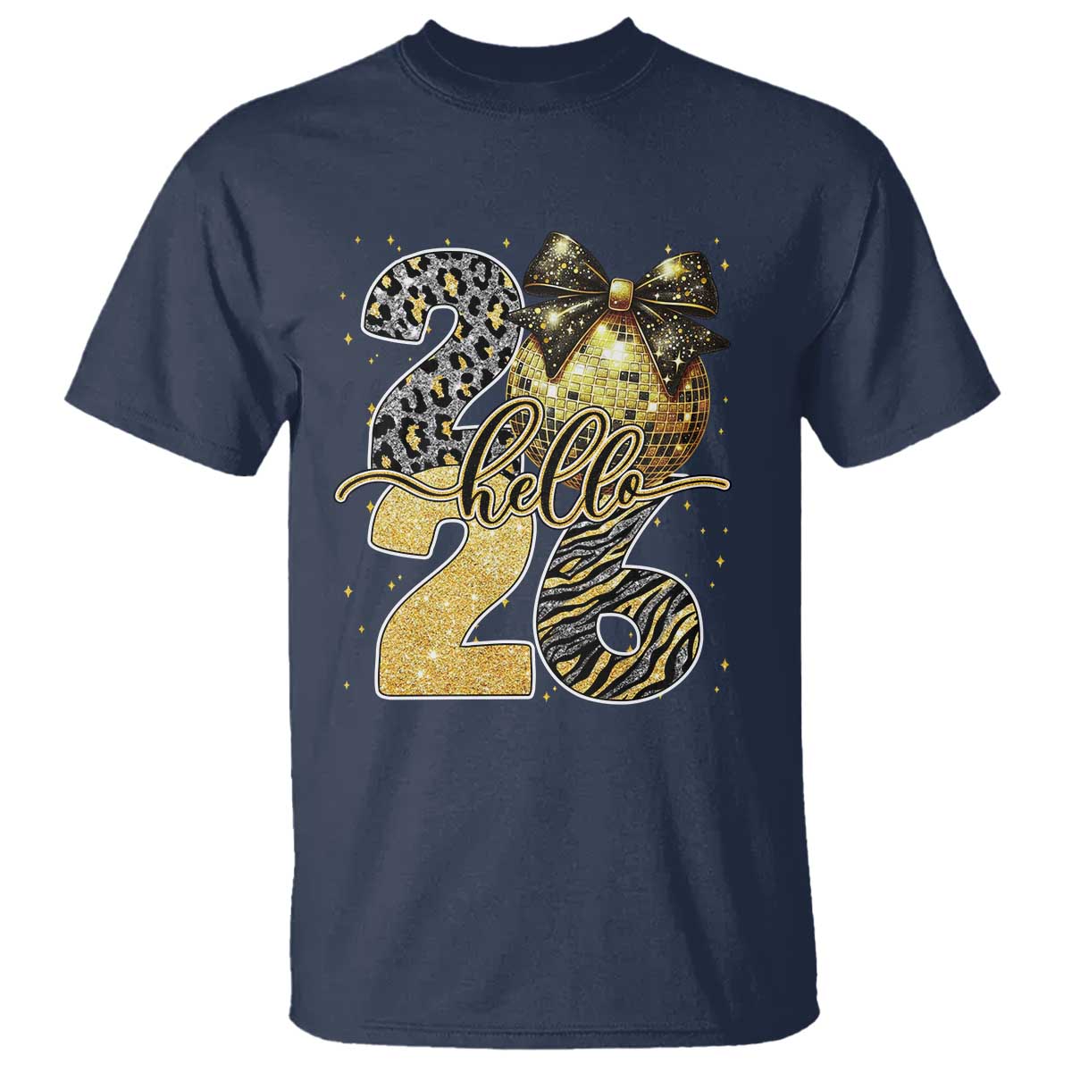 Happy New Year 2026 T Shirt Hello 2026 Disco Ball Coquette Bow Faux Glitter TS11 Navy Print Your Wear