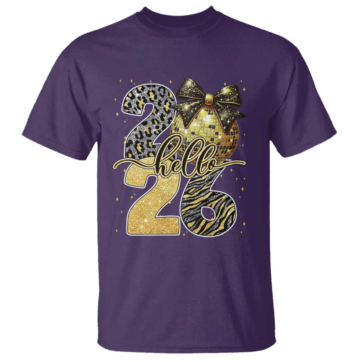 Happy New Year 2026 T Shirt Hello 2026 Disco Ball Coquette Bow Faux Glitter TS11 Purple Print Your Wear