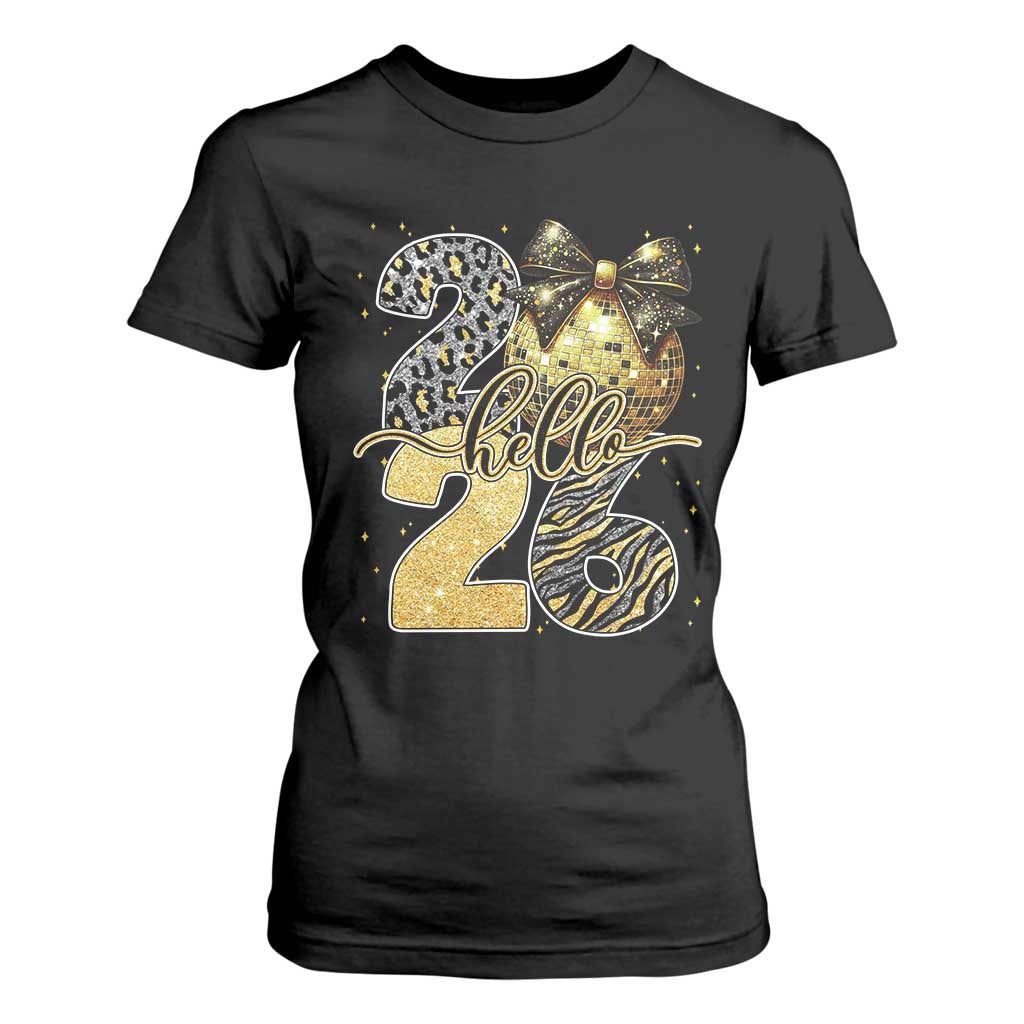 Happy New Year 2026 T Shirt For Women Hello 2026 Disco Ball Coquette Bow Faux Glitter TS11 Black Print Your Wear