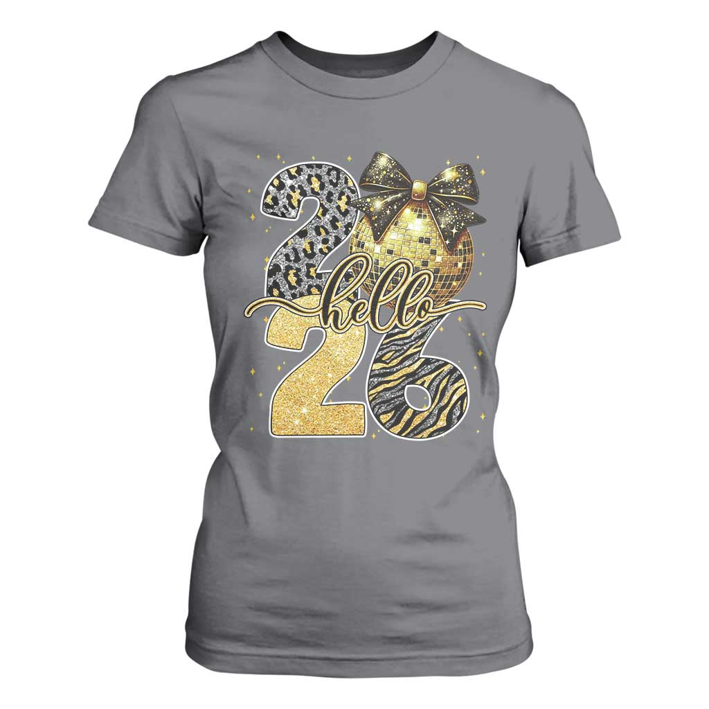 Happy New Year 2026 T Shirt For Women Hello 2026 Disco Ball Coquette Bow Faux Glitter TS11 Charcoal Print Your Wear