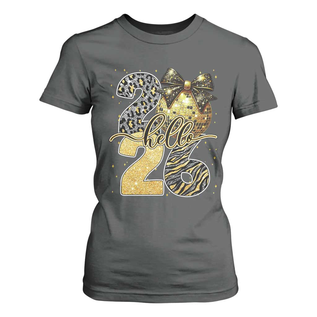 Happy New Year 2026 T Shirt For Women Hello 2026 Disco Ball Coquette Bow Faux Glitter TS11 Dark Heather Print Your Wear