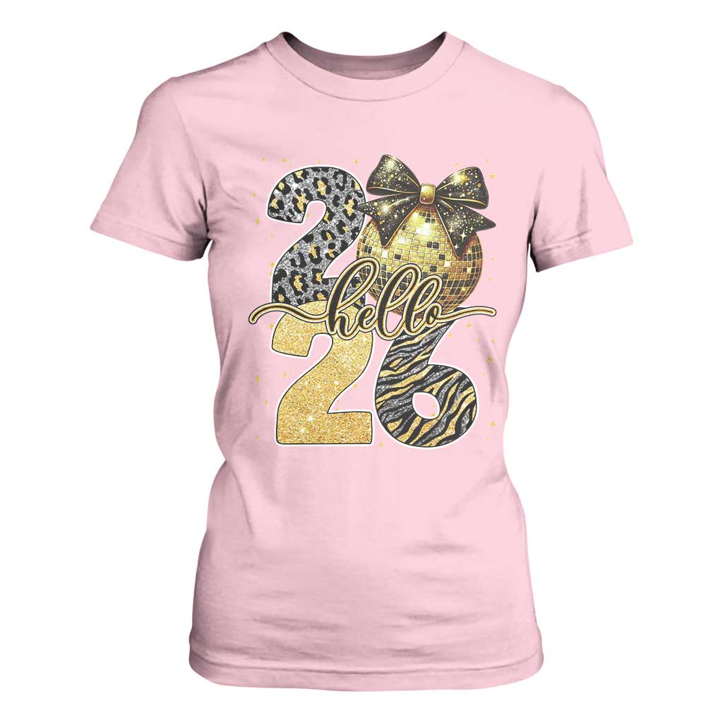 Happy New Year 2026 T Shirt For Women Hello 2026 Disco Ball Coquette Bow Faux Glitter TS11 Light Pink Print Your Wear