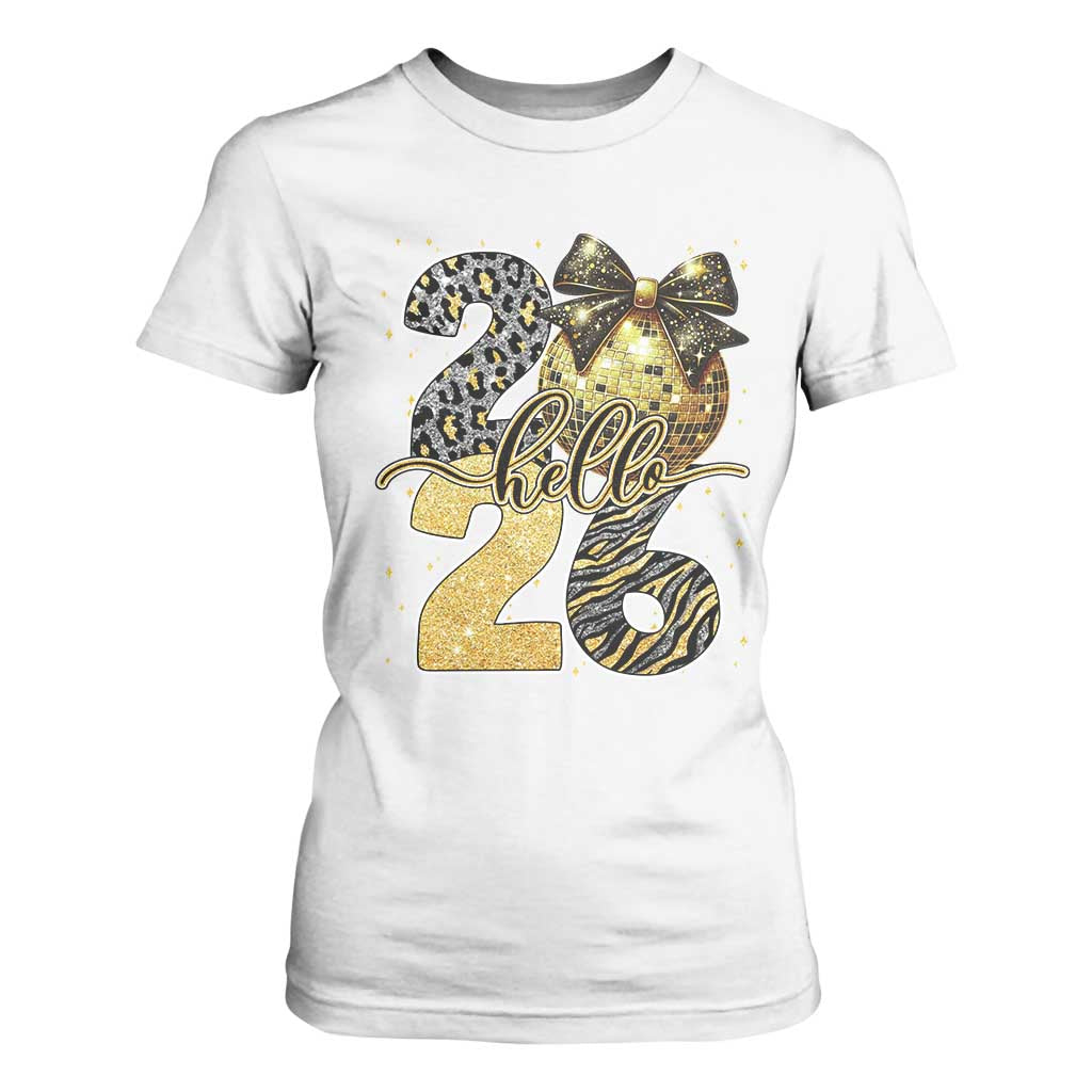 Happy New Year 2026 T Shirt For Women Hello 2026 Disco Ball Coquette Bow Faux Glitter TS11 White Print Your Wear