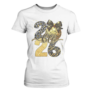 Happy New Year 2026 T Shirt For Women Hello 2026 Disco Ball Coquette Bow Faux Glitter TS11 White Print Your Wear