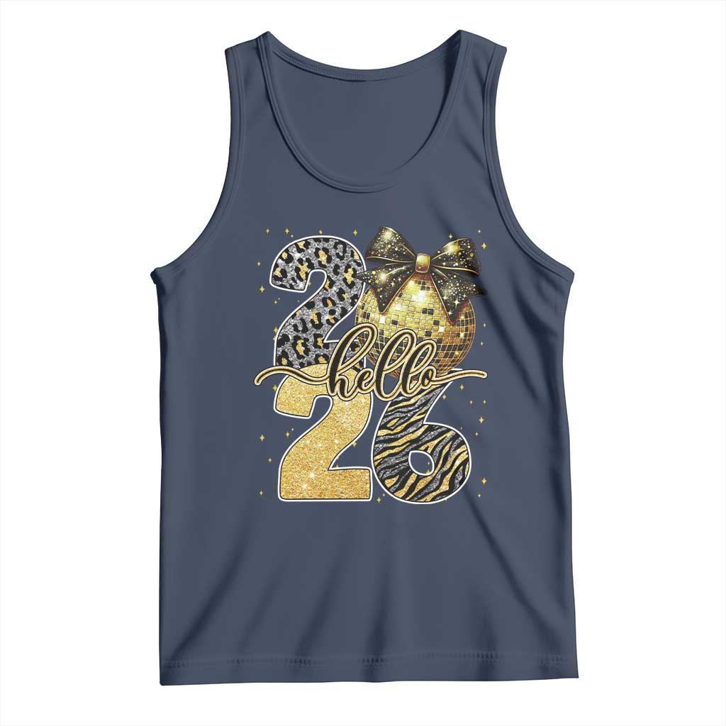 Happy New Year 2026 Tank Top Hello 2026 Disco Ball Coquette Bow Faux Glitter TS11 Navy Print Your Wear