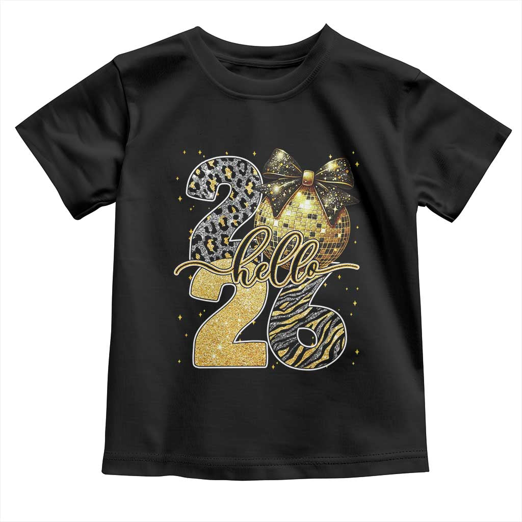 Happy New Year 2026 Toddler T Shirt Hello 2026 Disco Ball Coquette Bow Faux Glitter TS11 Black Print Your Wear