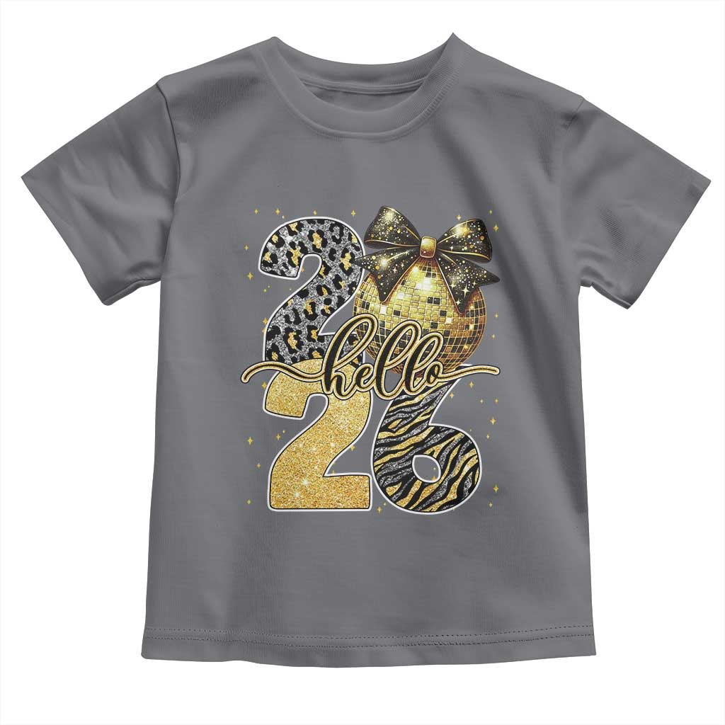 Happy New Year 2026 Toddler T Shirt Hello 2026 Disco Ball Coquette Bow Faux Glitter TS11 Charcoal Print Your Wear