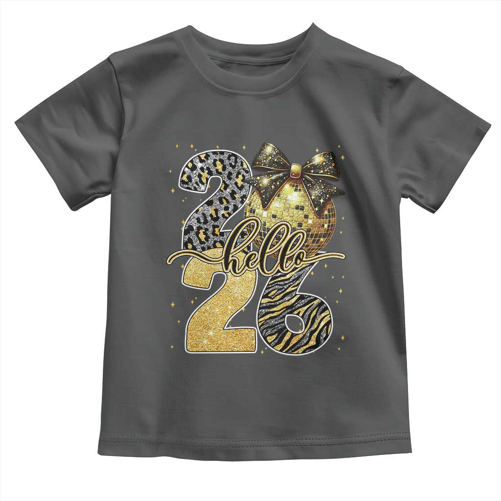 Happy New Year 2026 Toddler T Shirt Hello 2026 Disco Ball Coquette Bow Faux Glitter TS11 Dark Heather Print Your Wear