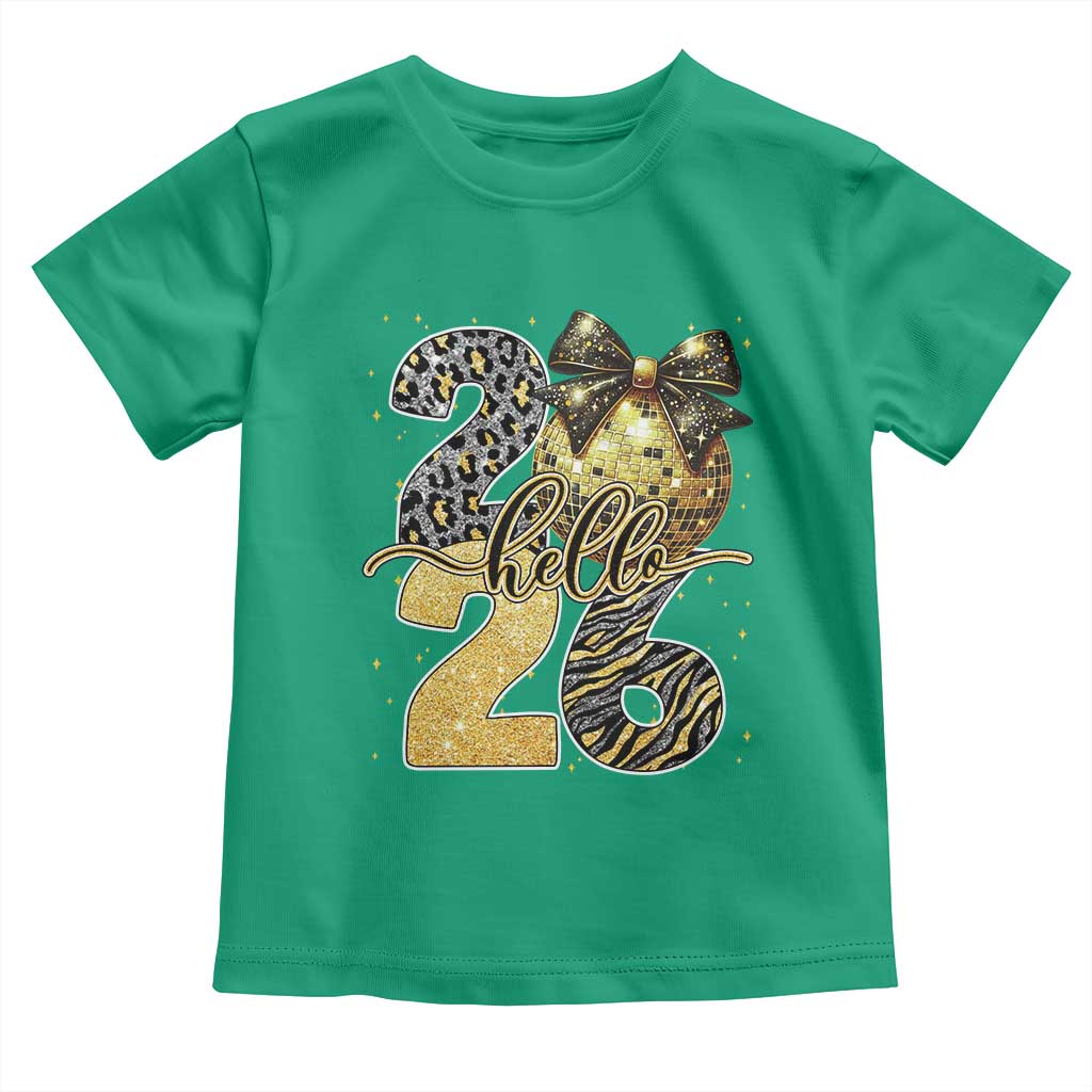 Happy New Year 2026 Toddler T Shirt Hello 2026 Disco Ball Coquette Bow Faux Glitter TS11 Irish Green Print Your Wear