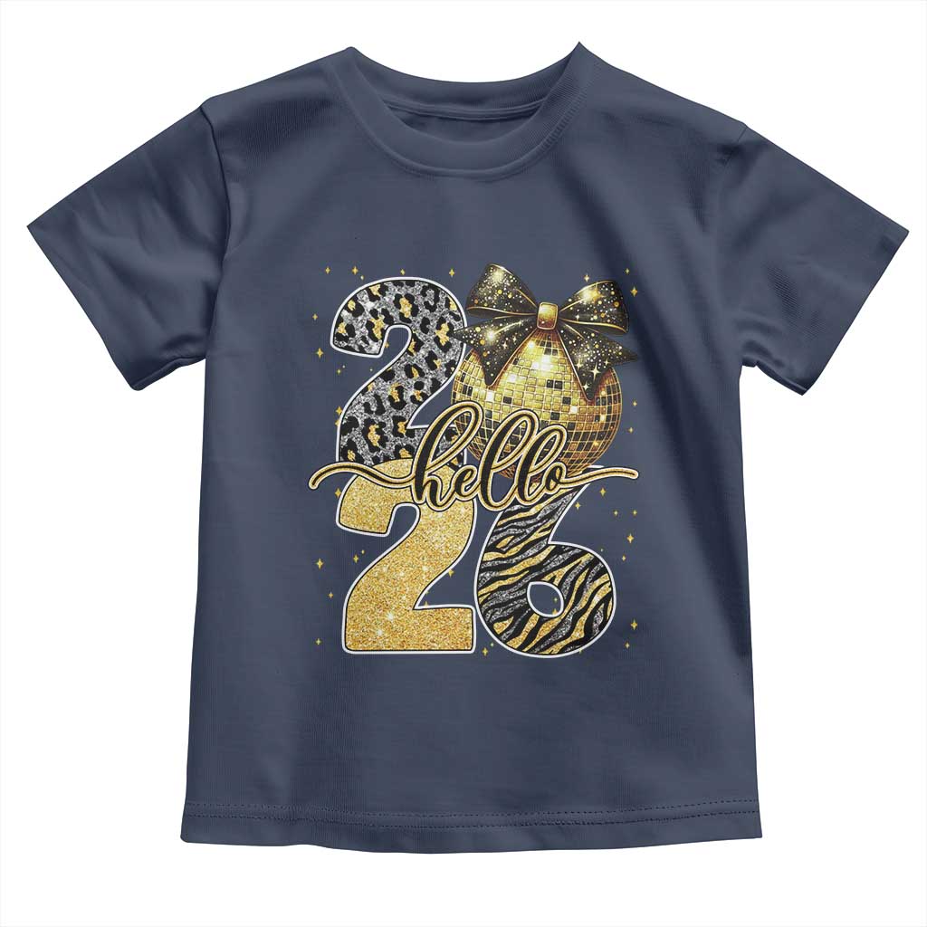 Happy New Year 2026 Toddler T Shirt Hello 2026 Disco Ball Coquette Bow Faux Glitter TS11 Navy Print Your Wear