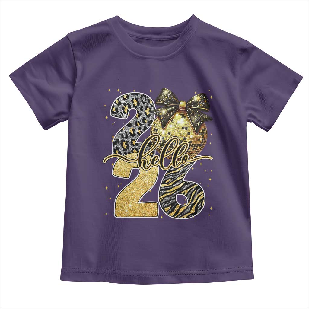 Happy New Year 2026 Toddler T Shirt Hello 2026 Disco Ball Coquette Bow Faux Glitter TS11 Purple Print Your Wear