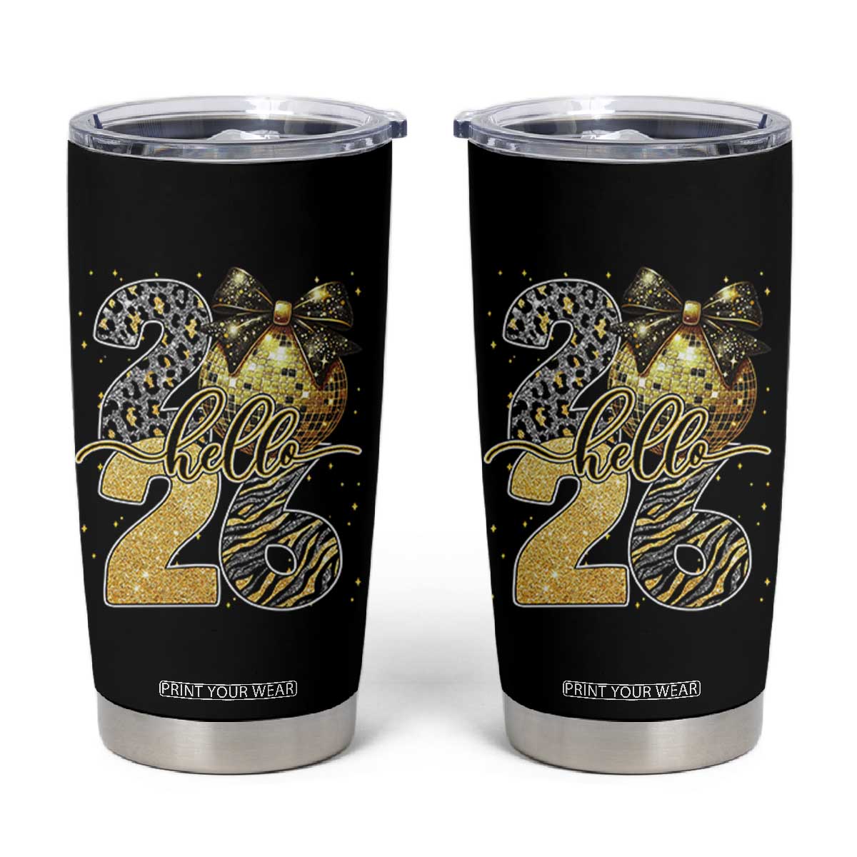Happy New Year 2026 Tumbler Cup Hello 2026 Disco Ball Coquette Bow Faux Glitter TS11 Black Print Your Wear