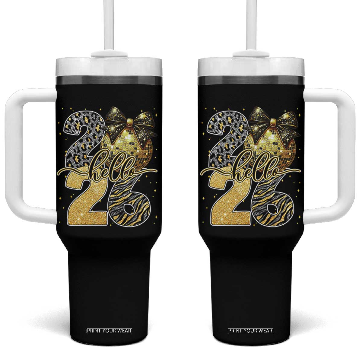 Happy New Year 2026 Tumbler With Handle Hello 2026 Disco Ball Coquette Bow Faux Glitter TS11 One Size: 40 oz Black Print Your Wear