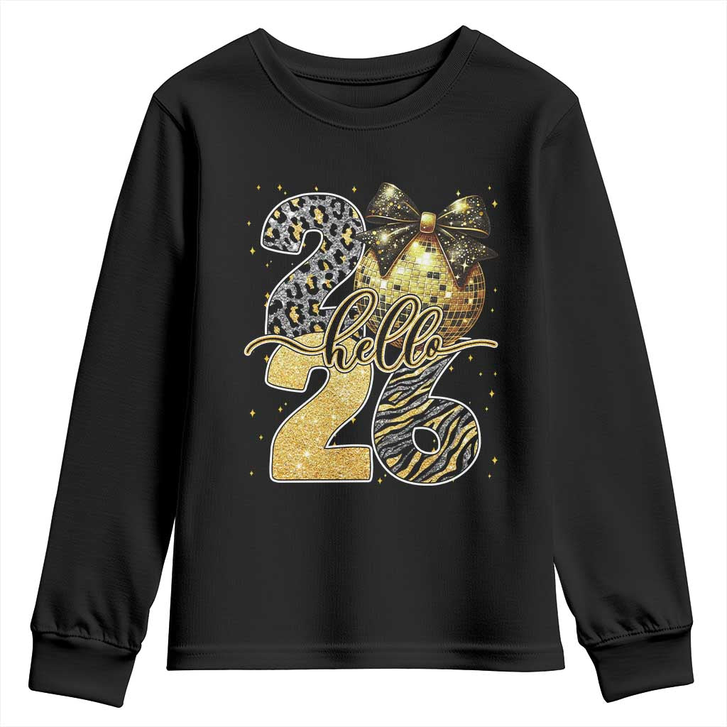 Happy New Year 2026 Youth Sweatshirt Hello 2026 Disco Ball Coquette Bow Faux Glitter TS11 Black Print Your Wear