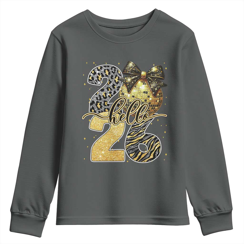 Happy New Year 2026 Youth Sweatshirt Hello 2026 Disco Ball Coquette Bow Faux Glitter TS11 Dark Heather Print Your Wear