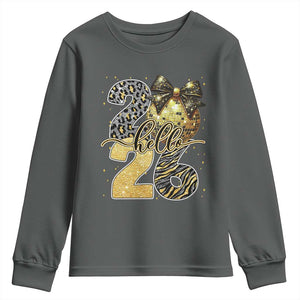 Happy New Year 2026 Youth Sweatshirt Hello 2026 Disco Ball Coquette Bow Faux Glitter TS11 Dark Heather Print Your Wear