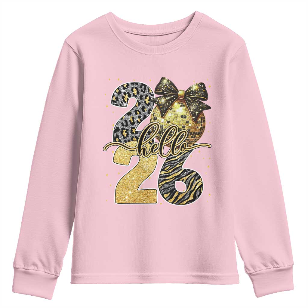 Happy New Year 2026 Youth Sweatshirt Hello 2026 Disco Ball Coquette Bow Faux Glitter TS11 Light Pink Print Your Wear