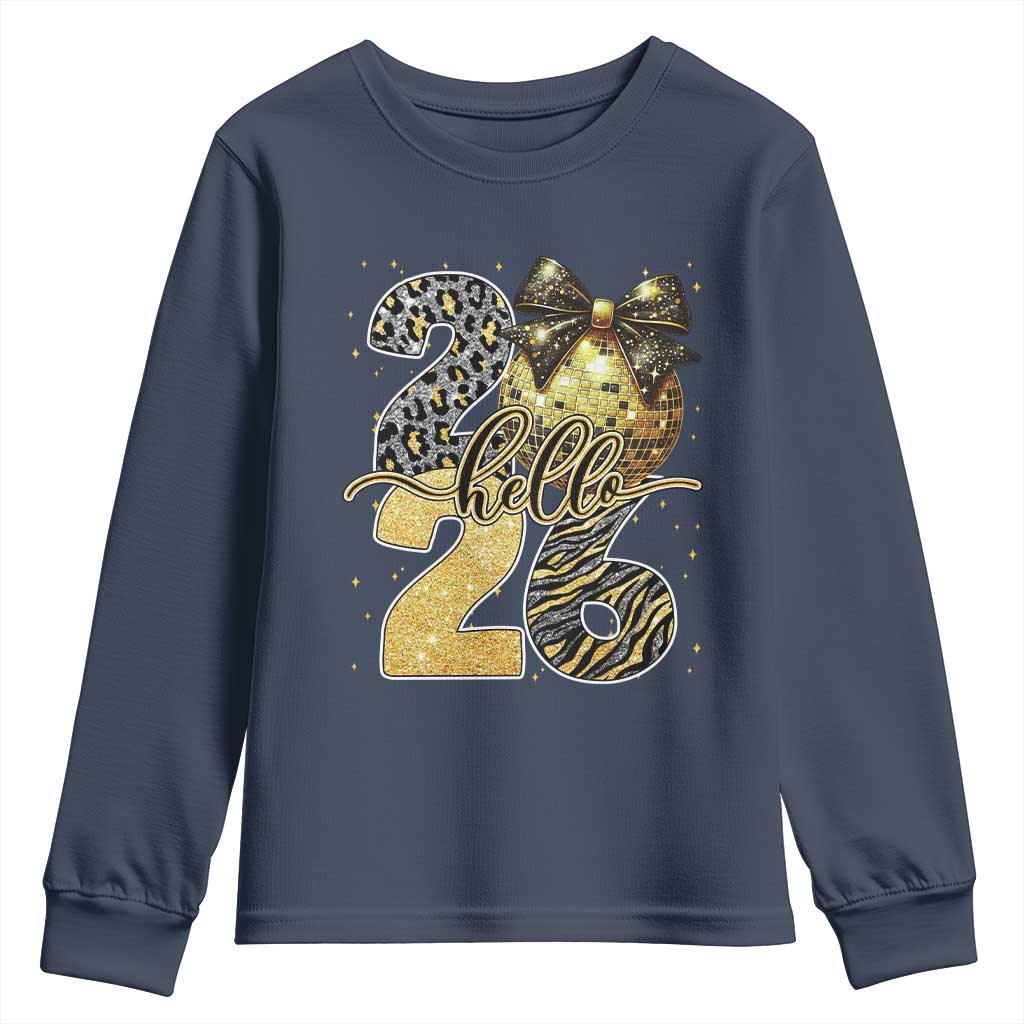 Happy New Year 2026 Youth Sweatshirt Hello 2026 Disco Ball Coquette Bow Faux Glitter TS11 Navy Print Your Wear