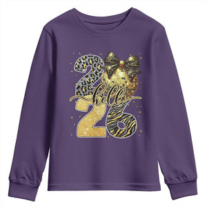 Happy New Year 2026 Youth Sweatshirt Hello 2026 Disco Ball Coquette Bow Faux Glitter TS11 Purple Print Your Wear