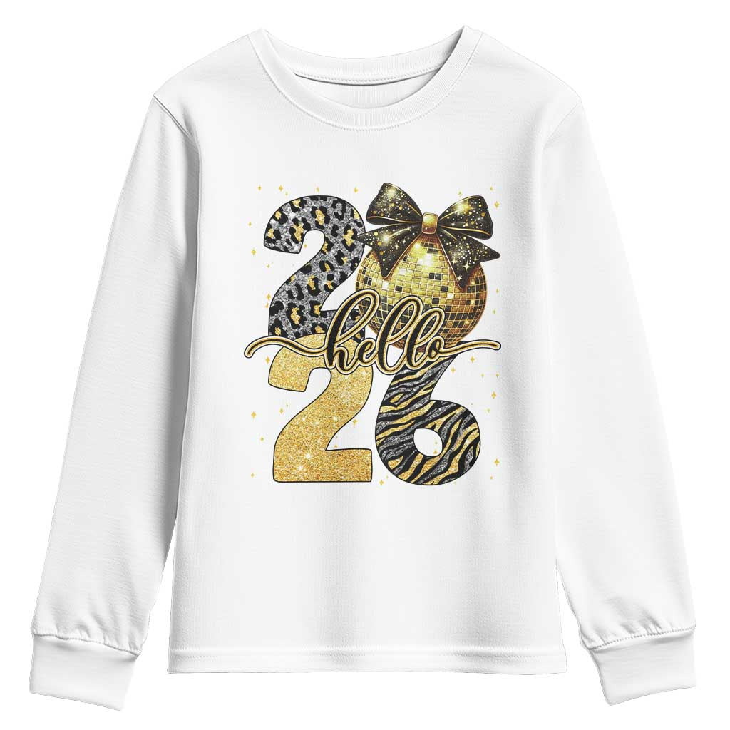 Happy New Year 2026 Youth Sweatshirt Hello 2026 Disco Ball Coquette Bow Faux Glitter TS11 White Print Your Wear