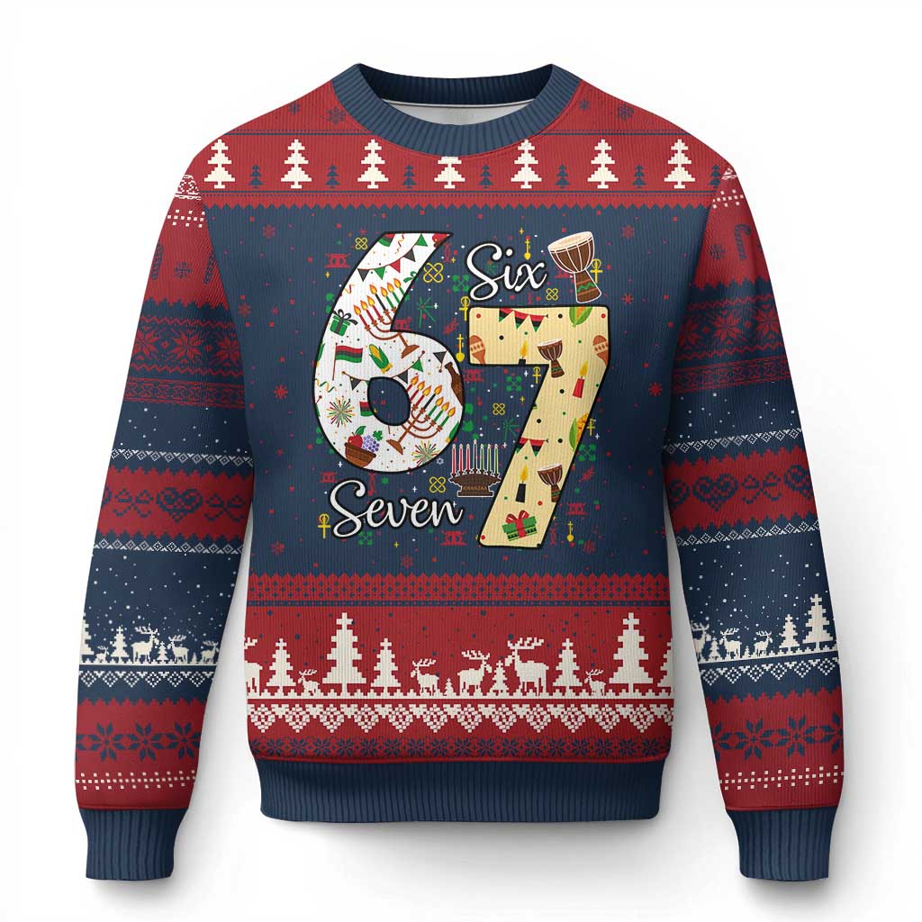 Funny 67 Kwanzaa Ugly Christmas Sweater Six Seven Meme Kinara Candles African American Xmas TS11 Navy Red Print Your Wear