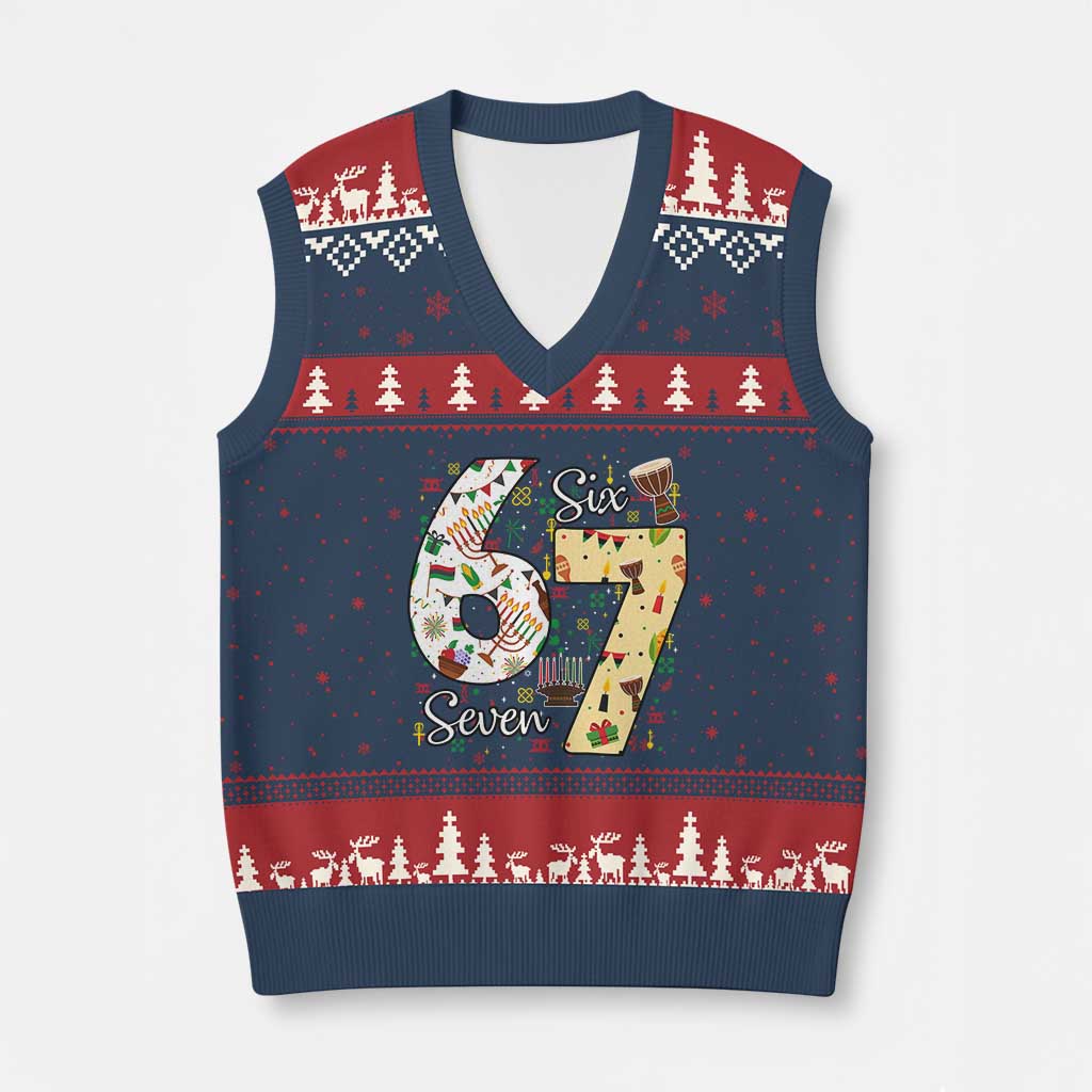 Funny 67 Kwanzaa V-Neck Knit Sweater Vest Six Seven Meme Kinara Candles African American Xmas TS11 Navy Red Print Your Wear