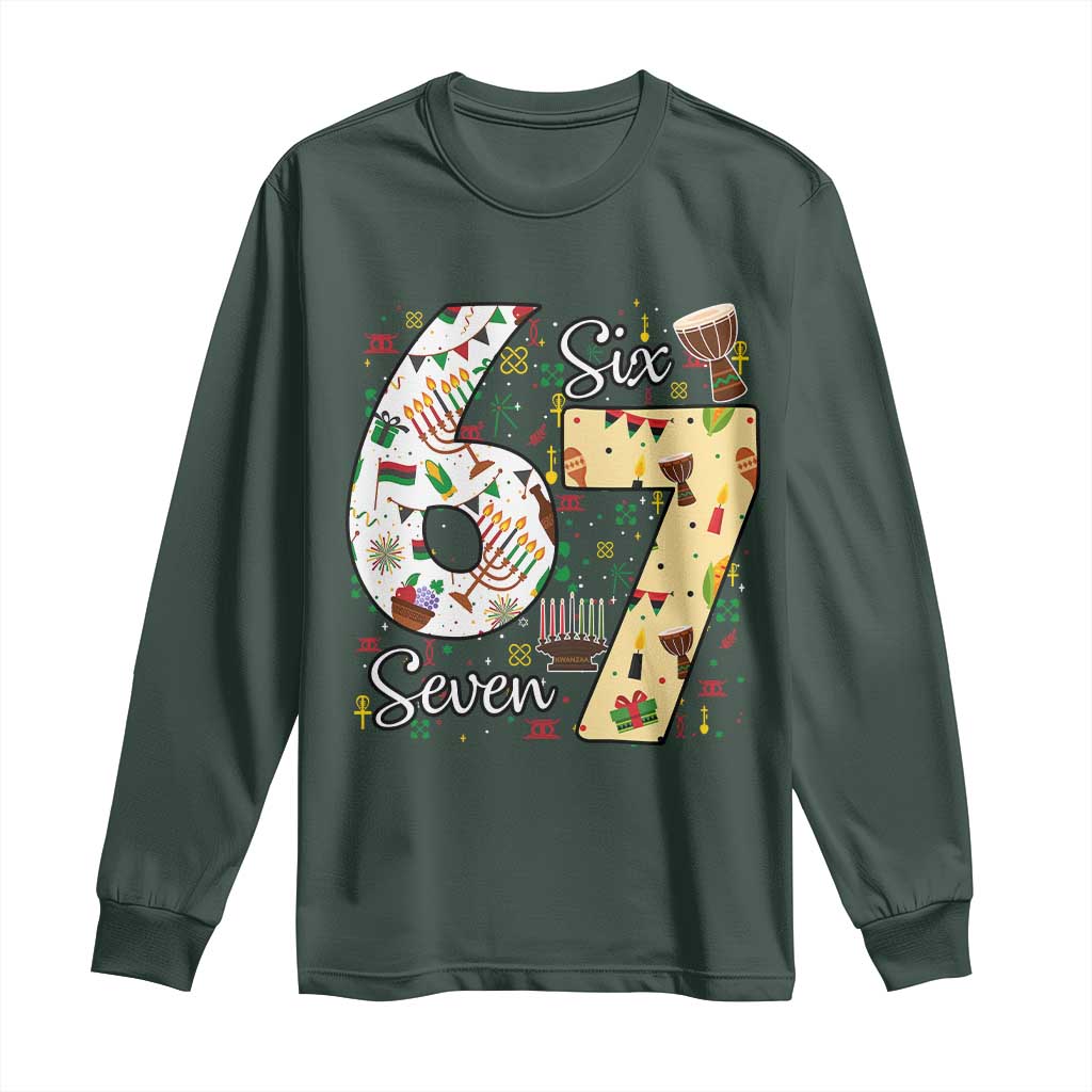 Funny 67 Kwanzaa Long Sleeve Shirt Six Seven Meme Kinara Candles African American Christmas TS11 Dark Forest Green Print Your Wear