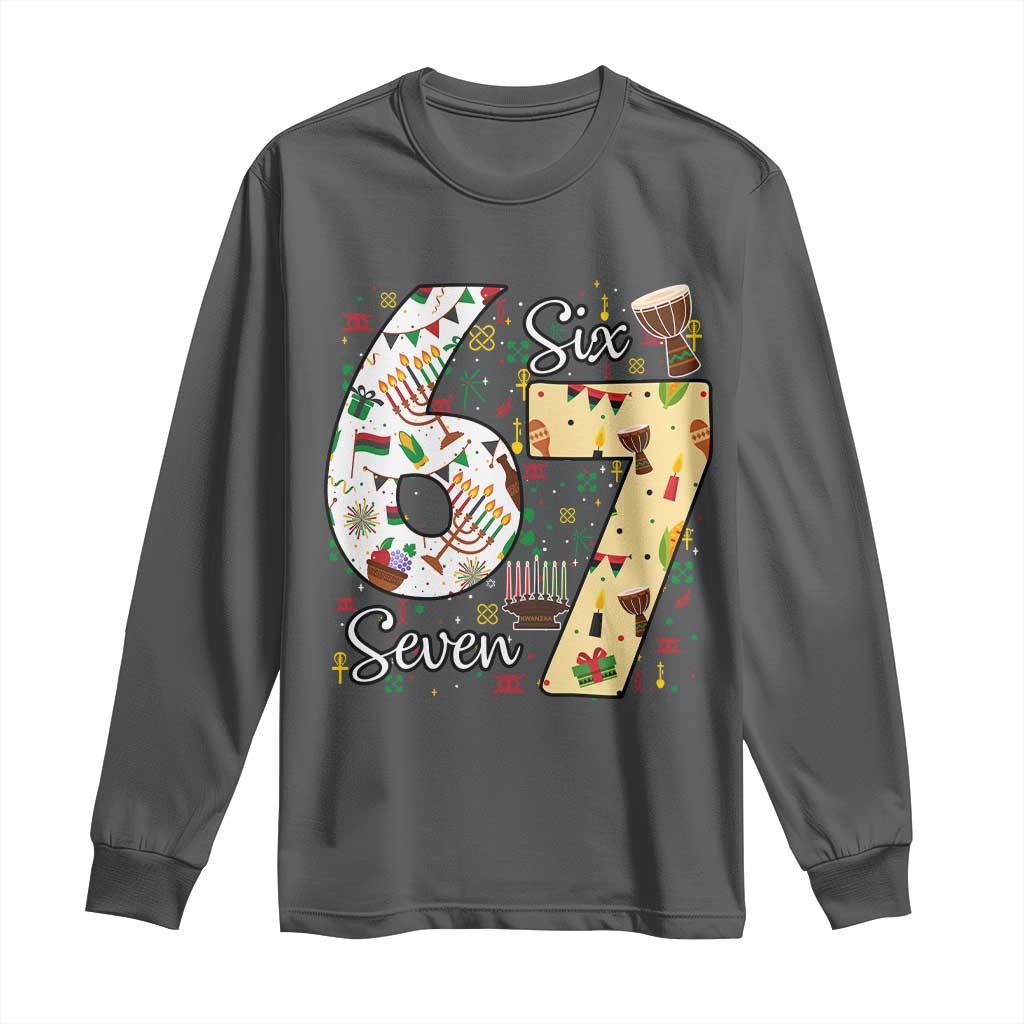 Funny 67 Kwanzaa Long Sleeve Shirt Six Seven Meme Kinara Candles African American Christmas TS11 Dark Heather Print Your Wear