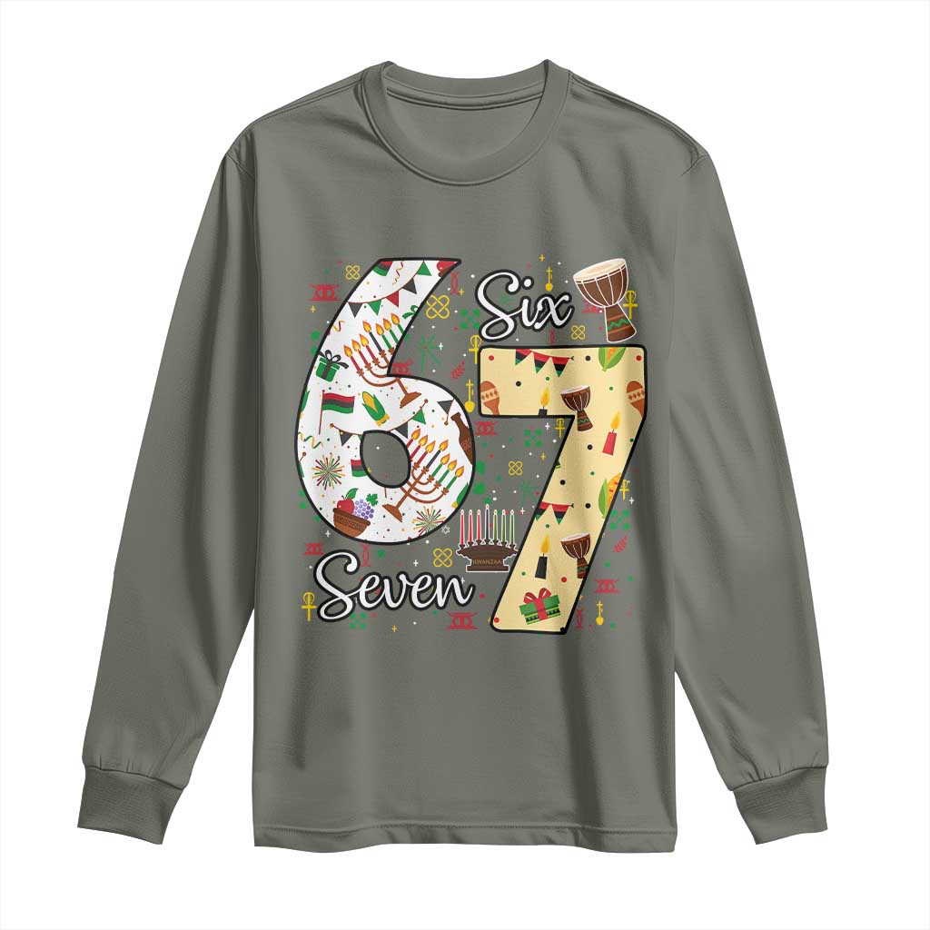 Funny 67 Kwanzaa Long Sleeve Shirt Six Seven Meme Kinara Candles African American Christmas TS11 Military Green Print Your Wear