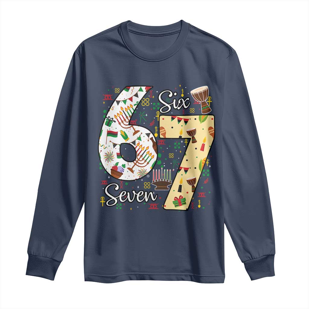 Funny 67 Kwanzaa Long Sleeve Shirt Six Seven Meme Kinara Candles African American Christmas TS11 Navy Print Your Wear