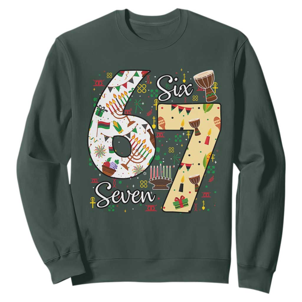 Funny 67 Kwanzaa Sweatshirt Six Seven Meme Kinara Candles African American Christmas TS11 Dark Forest Green Print Your Wear