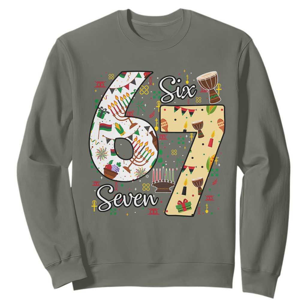 Funny 67 Kwanzaa Sweatshirt Six Seven Meme Kinara Candles African American Christmas TS11 Military Green Print Your Wear