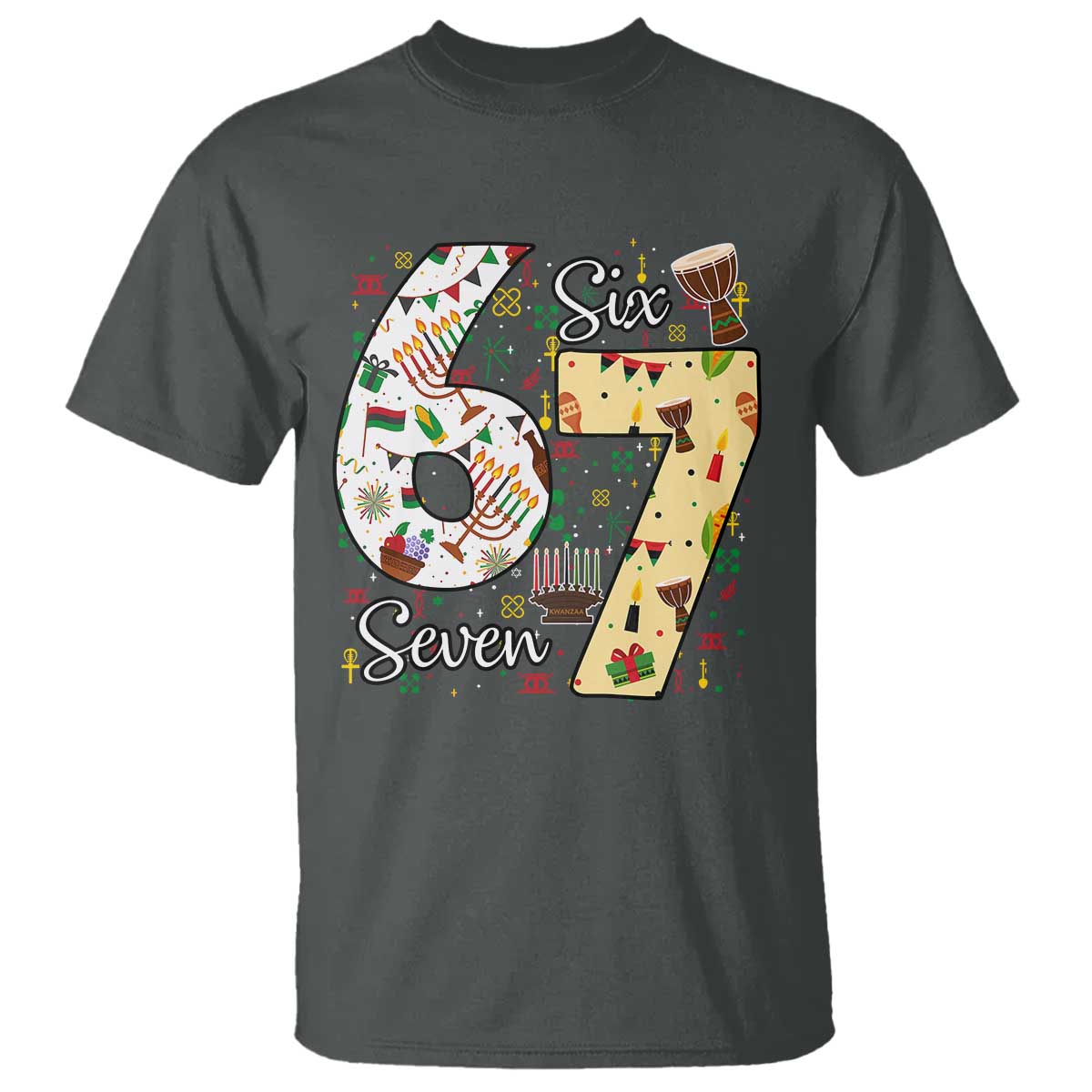 Funny 67 Kwanzaa T Shirt Six Seven Meme Kinara Candles African American Christmas TS11 Dark Heather Print Your Wear