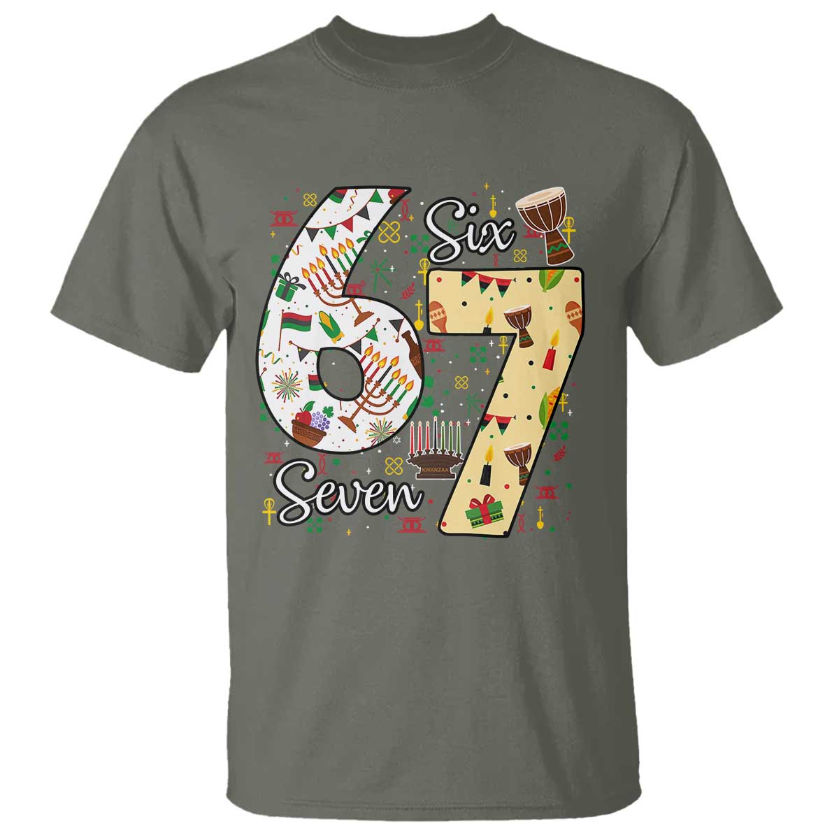 Funny 67 Kwanzaa T Shirt Six Seven Meme Kinara Candles African American Christmas TS11 Military Green Print Your Wear