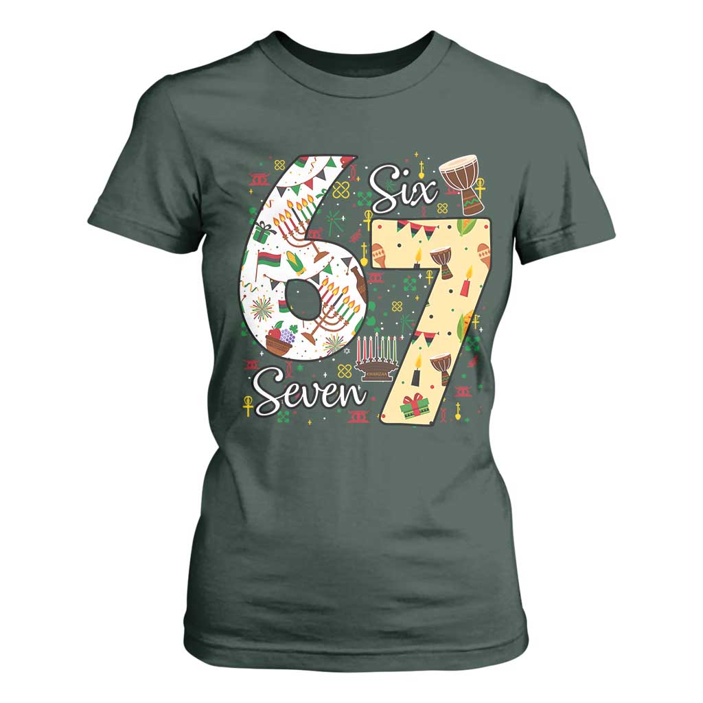 Funny 67 Kwanzaa T Shirt For Women Six Seven Meme Kinara Candles African American Christmas TS11 Dark Forest Green Print Your Wear