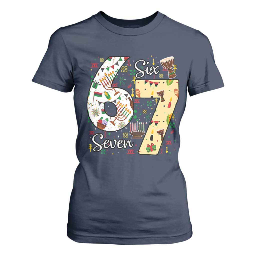 Funny 67 Kwanzaa T Shirt For Women Six Seven Meme Kinara Candles African American Christmas TS11 Navy Print Your Wear