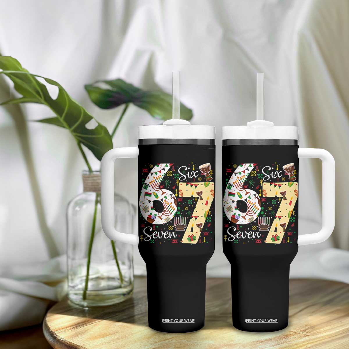Funny 67 Kwanzaa Tumbler With Handle Six Seven Meme Kinara Candles African American Christmas TS11 Print Your Wear