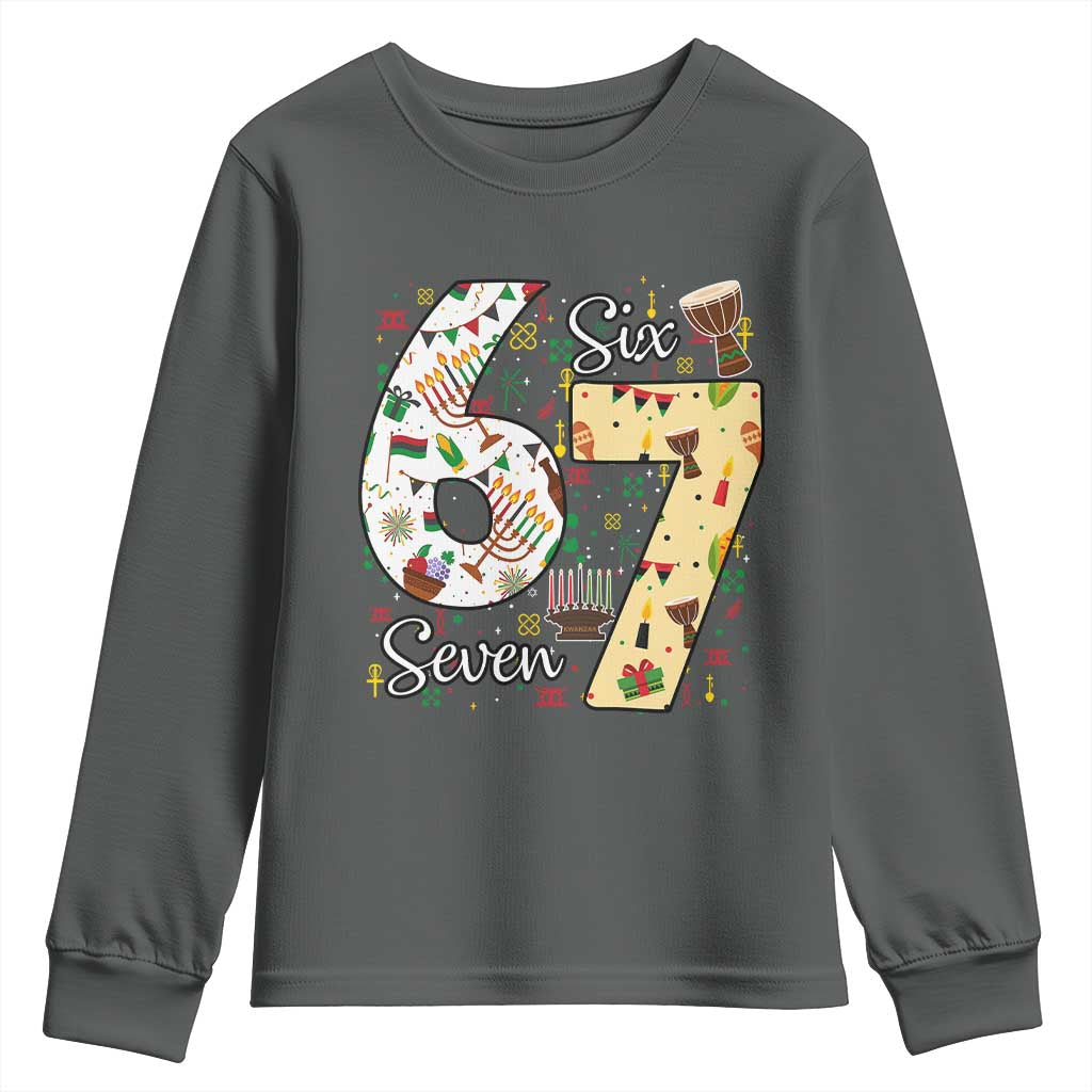 Funny 67 Kwanzaa Youth Sweatshirt Six Seven Meme Kinara Candles African American Christmas TS11 Dark Heather Print Your Wear
