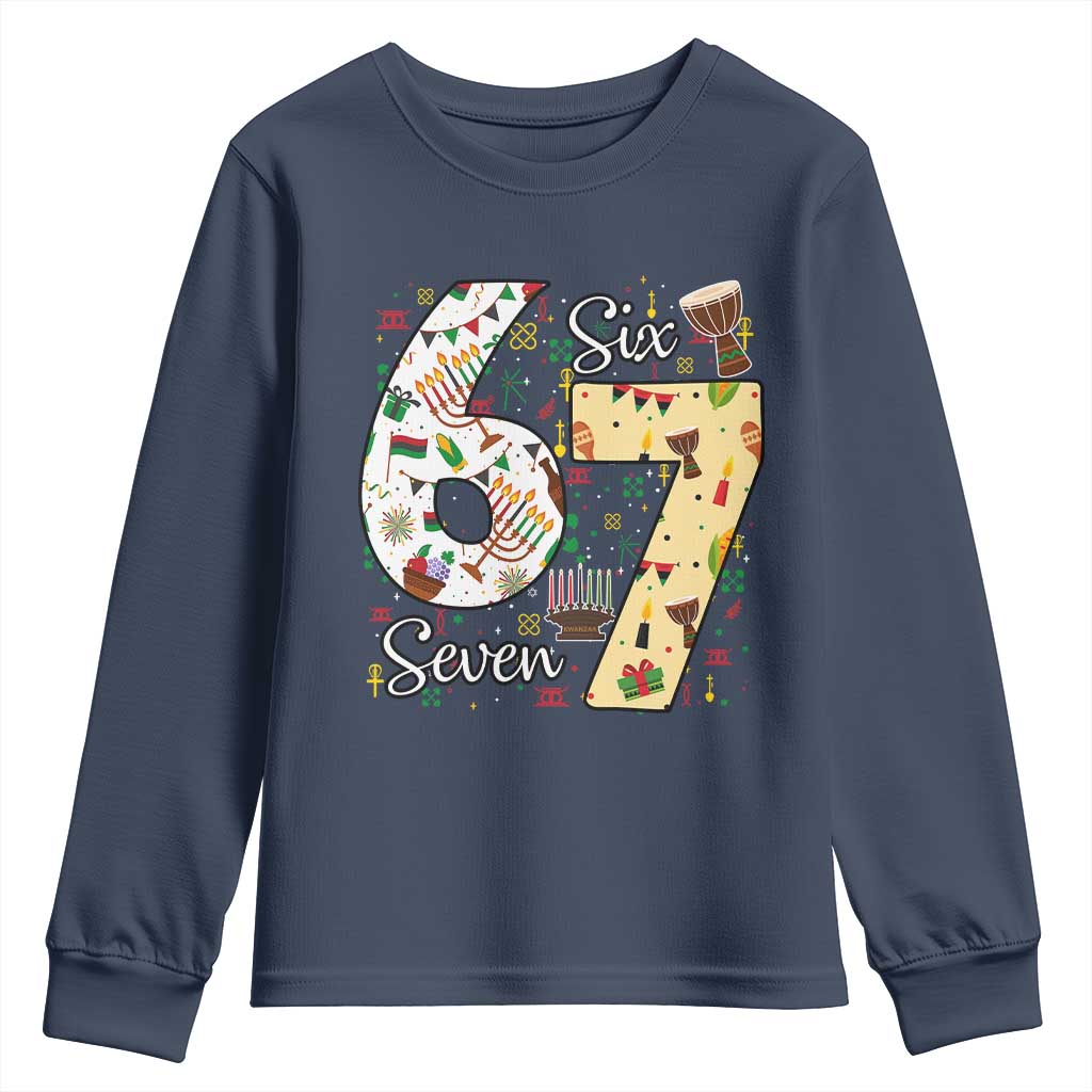 Funny 67 Kwanzaa Youth Sweatshirt Six Seven Meme Kinara Candles African American Christmas TS11 Navy Print Your Wear