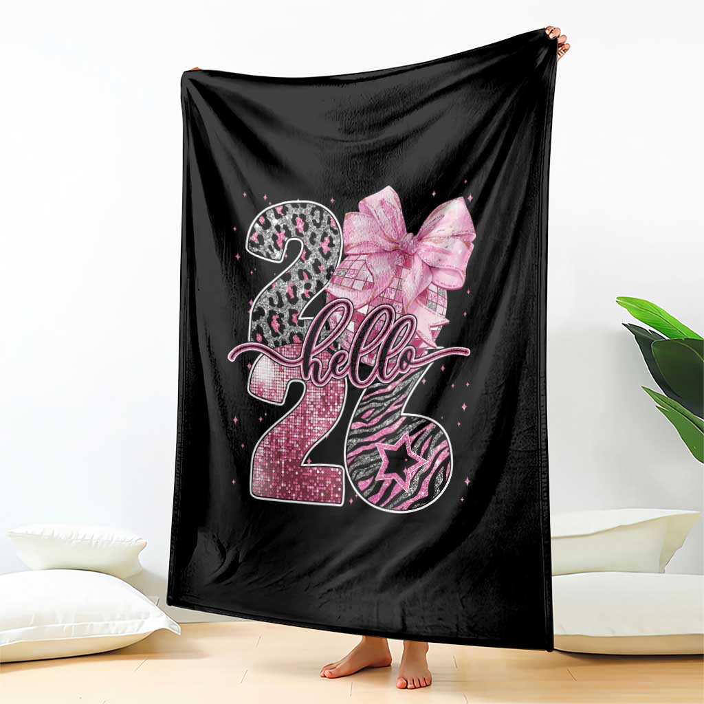 Happy New Year 2026 Throw Blanket Hello 2026 Disco Ball Pink Coquette Bow Faux Glitter TS11 Print Your Wear