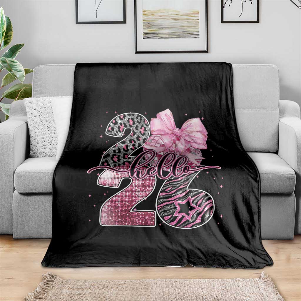 Happy New Year 2026 Throw Blanket Hello 2026 Disco Ball Pink Coquette Bow Faux Glitter TS11 Print Your Wear