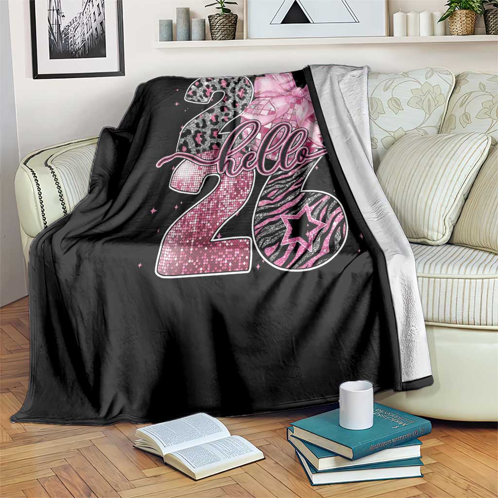 Happy New Year 2026 Throw Blanket Hello 2026 Disco Ball Pink Coquette Bow Faux Glitter TS11 Print Your Wear