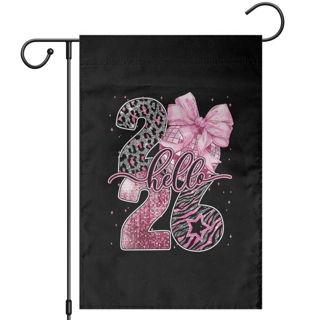 Happy New Year 2026 Garden Flag Hello 2026 Disco Ball Pink Coquette Bow Faux Glitter TS11 Black Print Your Wear