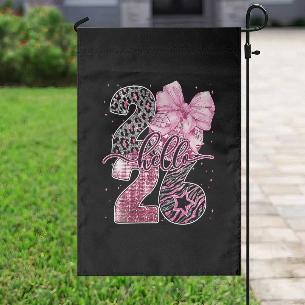 Happy New Year 2026 Garden Flag Hello 2026 Disco Ball Pink Coquette Bow Faux Glitter TS11 Print Your Wear