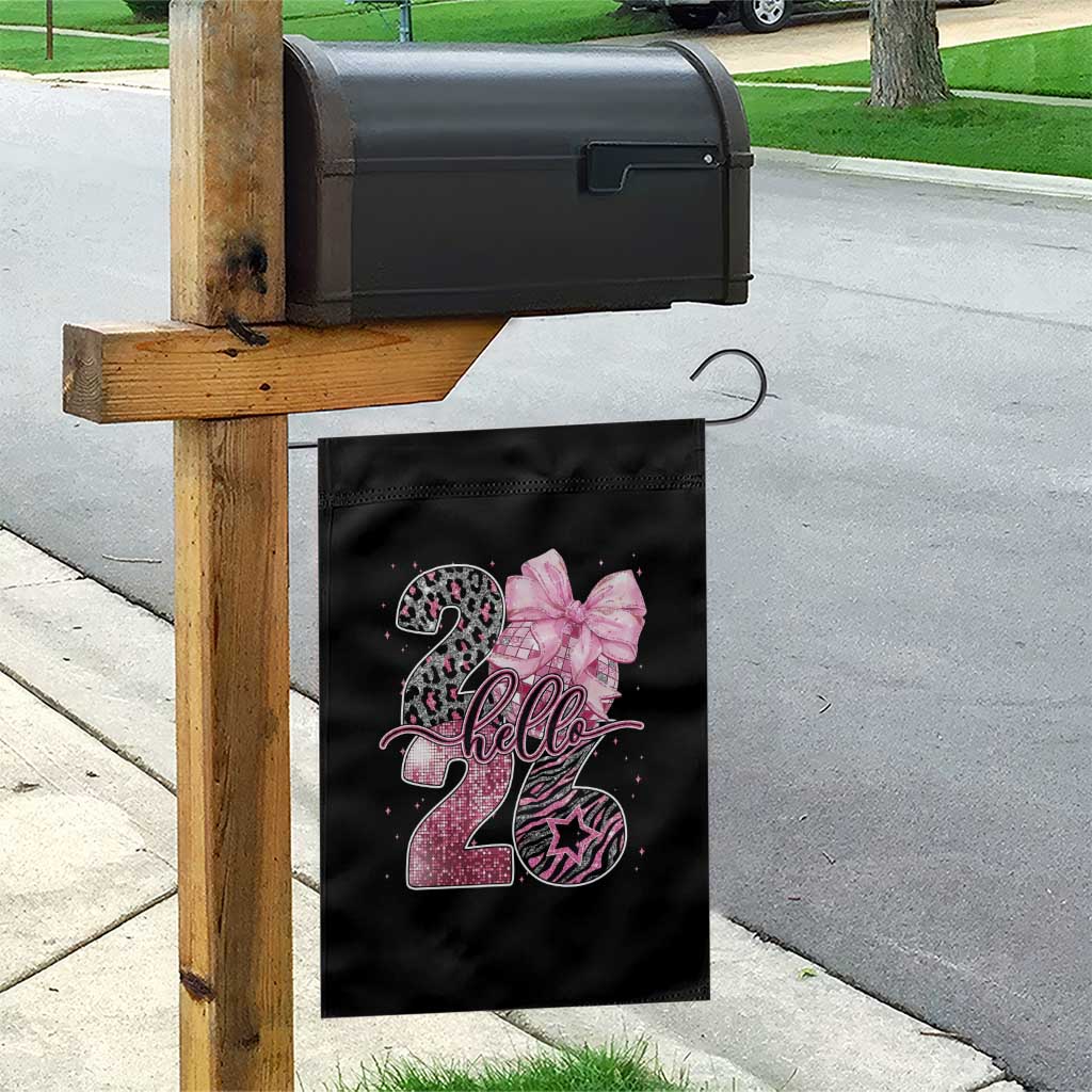 Happy New Year 2026 Garden Flag Hello 2026 Disco Ball Pink Coquette Bow Faux Glitter TS11 Print Your Wear