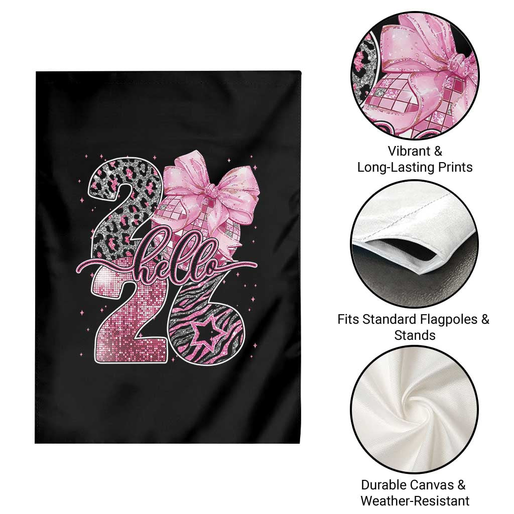 Happy New Year 2026 Garden Flag Hello 2026 Disco Ball Pink Coquette Bow Faux Glitter TS11 Print Your Wear