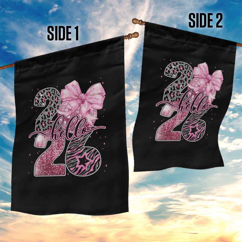 Happy New Year 2026 Garden Flag Hello 2026 Disco Ball Pink Coquette Bow Faux Glitter TS11 Print Your Wear