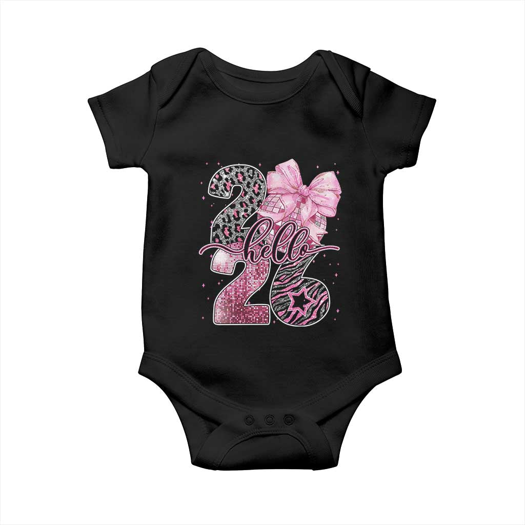 Happy New Year 2026 Baby Onesie Hello 2026 Disco Ball Pink Coquette Bow Faux Glitter TS11 Black Print Your Wear