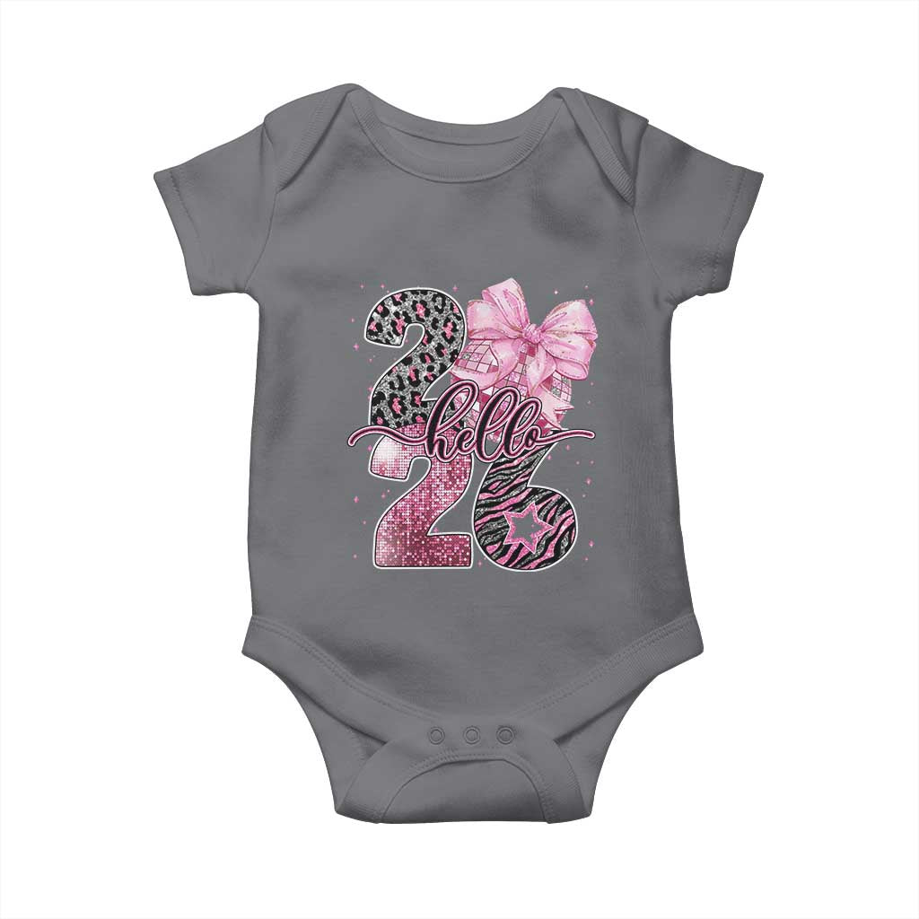 Happy New Year 2026 Baby Onesie Hello 2026 Disco Ball Pink Coquette Bow Faux Glitter TS11 Charcoal Print Your Wear